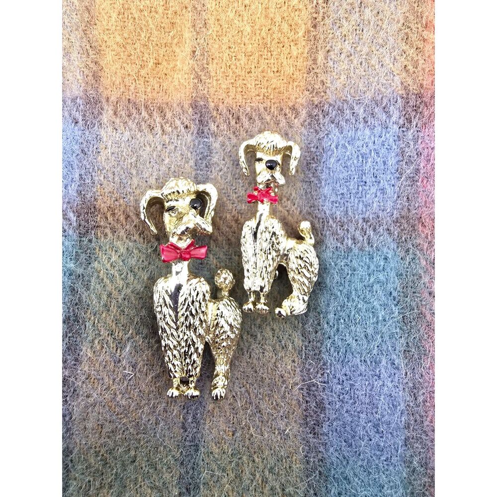 Vintage Poodle Dog Brooches Pins Pair Gold Tone Retro Collectible Puppy